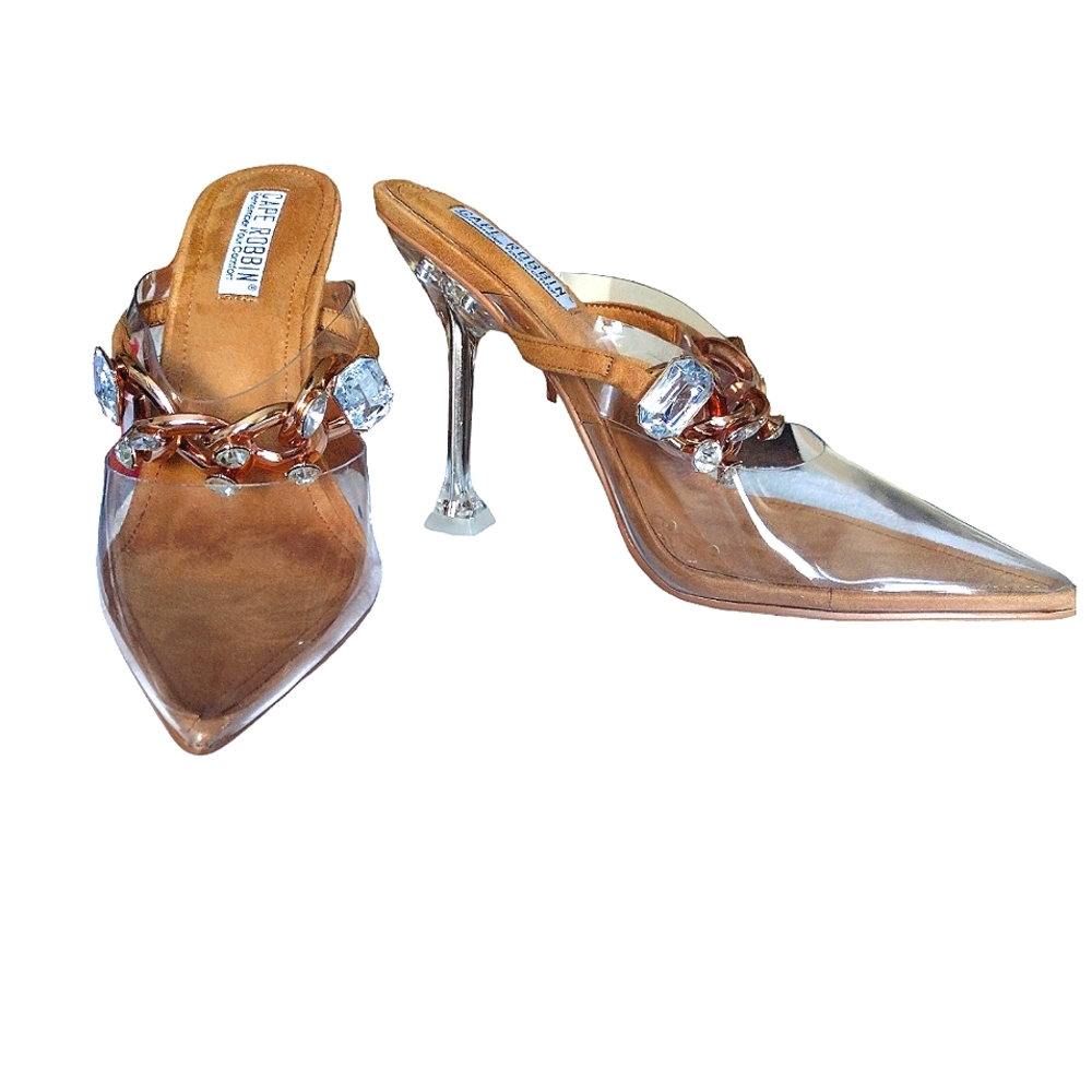 Plastic with gold chain and clear stone, high heels by Cape Robin size 10